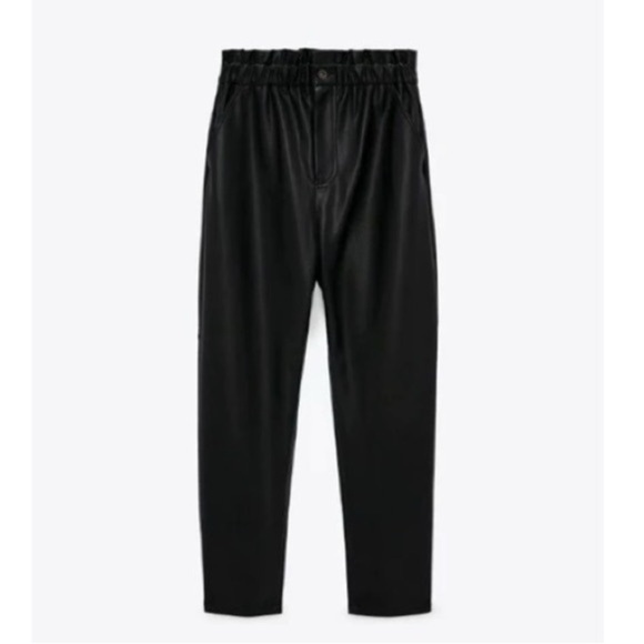 Zara Women's Black Faux Leather Baggy High-Waisted Paperbag Trouser Pants Size 2 - Picture 2 of 16